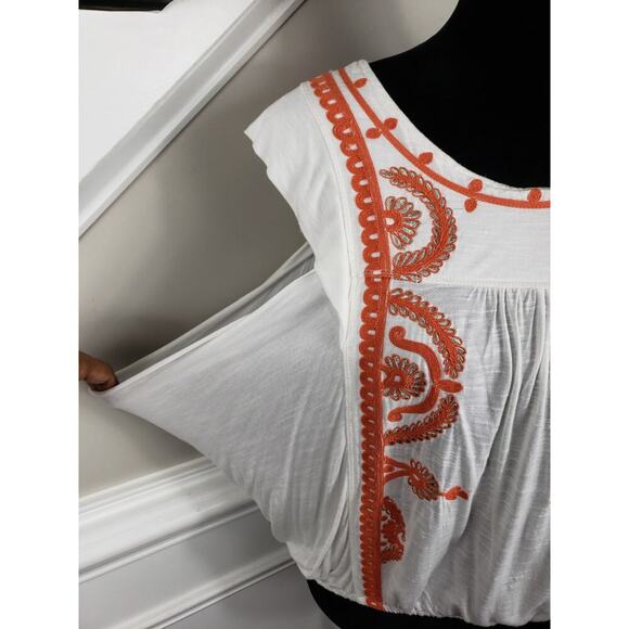 Free People Top Women XS White Orange Embroidered Boho Keyhole Cotton - Picture 8 of 14